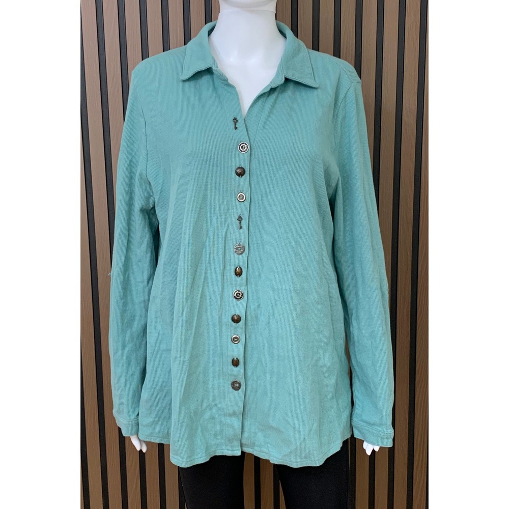 Soft Surroundings Women's Aqua Blue Waffle Knit Button Down Top XL  Buttons